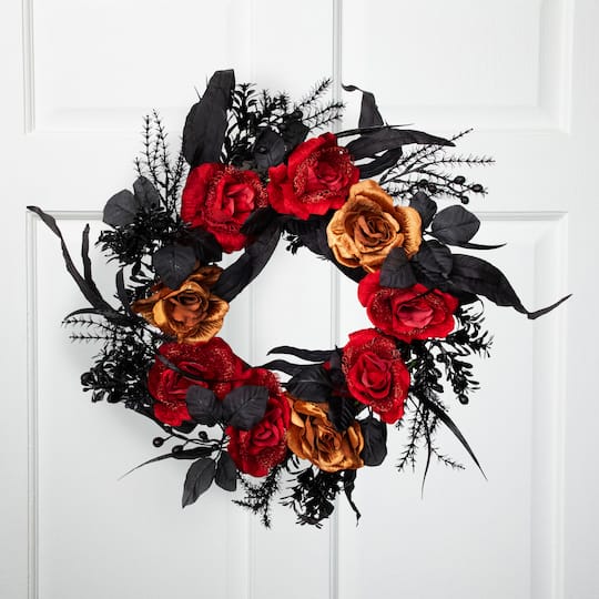 22" Red & Gold Roses with Black Foliage Halloween Wreath